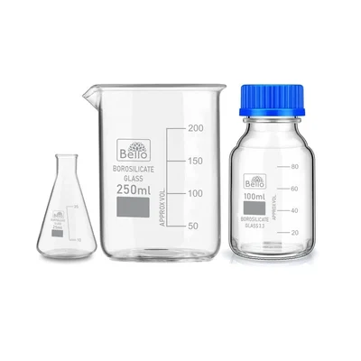 Bello Borosilicate Glass Measuring Conical Flask 25ml, Beaker 250ml & 100ml Reagent Bottle with Blue Screw Cap