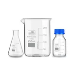Bello Borosilicate Glass Measuring Conical Flask 25ml, Beaker 250ml & 25ml Reagent Bottle with Blue Screw Cap