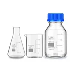Bello Borosilicate Glass Measuring Conical Flask 25ml, Beaker 25ml & 100ml Reagent Bottle with Blue Screw Cap