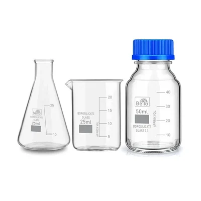 Bello Borosilicate Glass Measuring Conical Flask 25ml, Beaker 25ml & 50ml Reagent Bottle with Blue Screw Cap