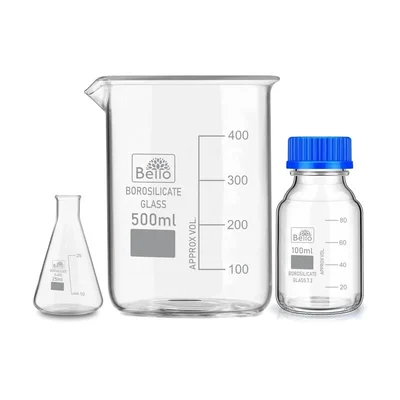 Bello Borosilicate Glass Measuring Conical Flask 25ml, Beaker 500ml & 100ml Reagent Bottle with Blue Screw Cap