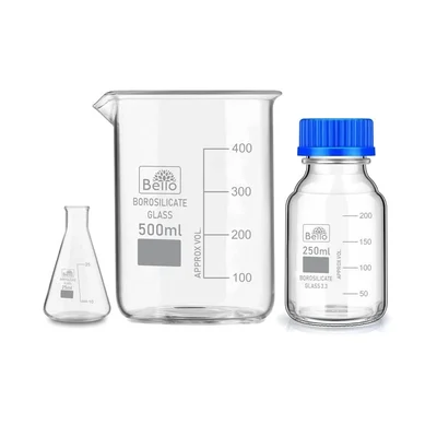 Bello Borosilicate Glass Measuring Conical Flask 25ml, Beaker 500ml & 250ml Reagent Bottle with Blue Screw Cap