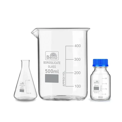 Bello Borosilicate Glass Measuring Conical Flask 25ml, Beaker 500ml & 25ml Reagent Bottle with Blue Screw Cap