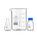 Bello Borosilicate Glass Measuring Conical Flask 25ml, Beaker 500ml & 25ml Reagent Bottle with Blue Screw Cap