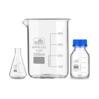 Bello Borosilicate Glass Measuring Conical Flask 25ml, Beaker 500ml & 50ml Reagent Bottle with Blue Screw Cap