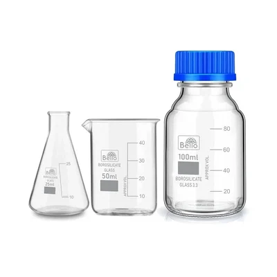 Bello Borosilicate Glass Measuring Conical Flask 25ml, Beaker 50ml & 100ml Reagent Bottle with Blue Screw Cap