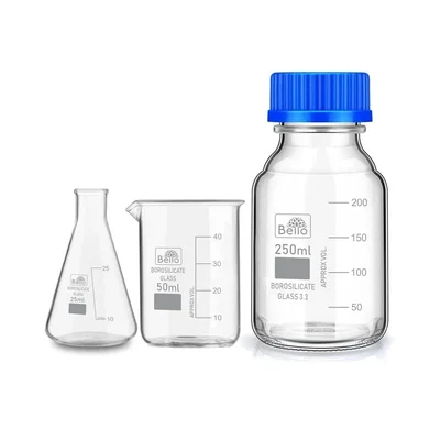 Bello Borosilicate Glass Measuring Conical Flask 25ml, Beaker 50ml & 250ml Reagent Bottle with Blue Screw Cap