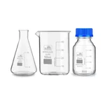 Bello Borosilicate Glass Measuring Conical Flask 25ml, Beaker 50ml & 25ml Reagent Bottle with Blue Screw Cap