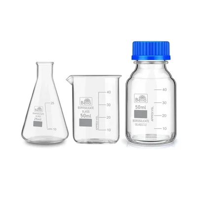 Bello Borosilicate Glass Measuring Conical Flask 25ml, Beaker 50ml & 50ml Reagent Bottle with Blue Screw Cap