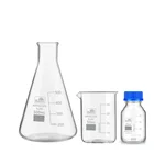 Bello Borosilicate Glass Measuring Conical Flask 500ml, Beaker 50ml & 25ml Reagent Bottle with Blue Screw Cap for Laboratory