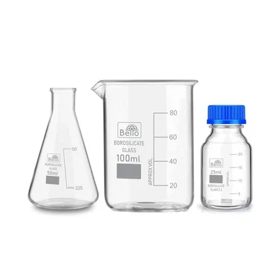 Bello Borosilicate Glass Measuring Conical Flask 50ml, Beaker 100ml & 25ml Reagent Bottle with Blue Screw Cap