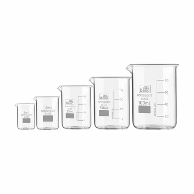 Bello Combo of 5 Borosilicate 3.3 Glass Beaker - 5ml, 10ml, 25ml, 50ml, 100ml with Graduation Marks