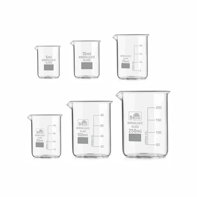 Bello Combo of 6 Borosilicate 3.3 Glass Beakers - 5ml, 10ml, 25ml, 50ml, 100ml, 250ml with Graduation Marks