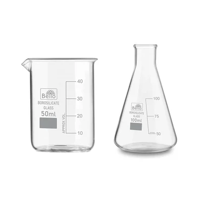Bello Combo of Borosilicate 3.3 Glass 50 ml Beaker and 100 ml Conical Flask with Graduation Marks, Set of 2