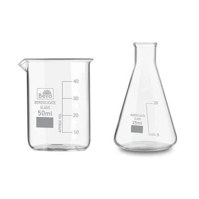 Bello Combo of Borosilicate 3.3 Glass 50 ml Beaker and 25 ml Conical Flask with Graduation Marks, Set of 2