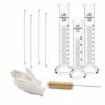 Bello Combo of Borosilicate Measuring Cylinder 1pc x 25ml, 50ml x 2pcs & 4pcs Stirring Rod, Gloves, Cleaning Brush