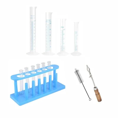 Bello Combo Pack of 13 Lab Products- 4pcs Cylinder, Test Tube Stand, Holder & Cleaning Brush, 6pcs Test Tubes 15X125mm