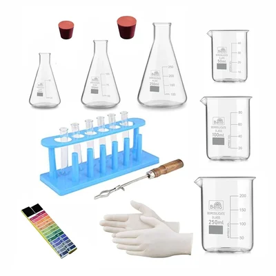 Bello Laboratory Kit -19pcs (Beaker, Flask, Test tube, Test Tube Stand, Test Tube Holder, Rubber Cork, PH Papers, Gloves
