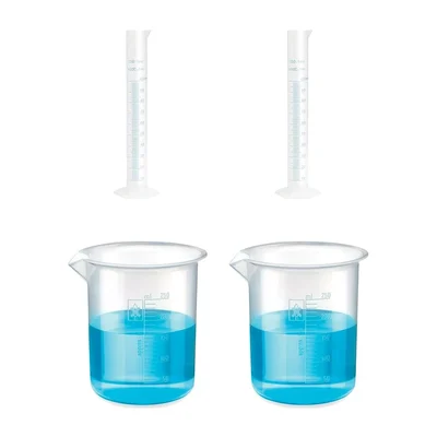 Bello Measuring Cylinders 2pcs x 100ml & Beakers 2pcs x 250ml with Blue Printed Graduation Marks, Polypropylene Material