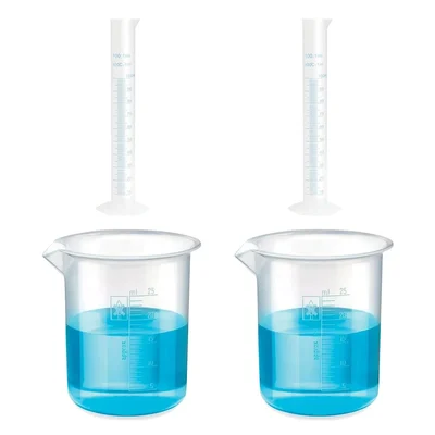 Bello Measuring Cylinders 2pcs x 100ml & Beakers  2pcs x 25ml with Blue Printed Graduation Marks, Polypropylene Material