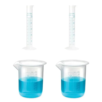 Bello Measuring Cylinders 2pcs x 50ml & Beakers  2pcs x 100ml with Blue Printed Graduation Marks, Polypropylene Material