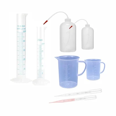 Bello Plastic Measuring Cylinder 25ml, 50ml & 250ml, 500ml Wash Bottle, 250ml & 500ml Jugs, 3ml x 2pcs Droppers