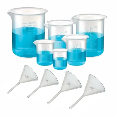 Bello Polypropylene Beaker 25ml, 50ml, 100ml, 250ml, 500ml, 1000ml with Plastic Funnel 35mm, 50mm, 75mm, 100mm