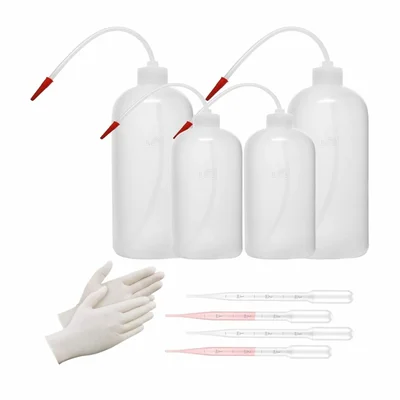 Bello Polypropylene Wash Bottle, 250ml x 2pcs & 500ml x 2pcs with Screw Cap & Flexible Tube, Dropper 3ml x 4pcs, Gloves Set