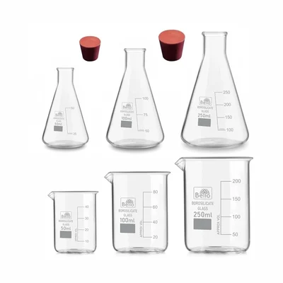 Bello Premium Quality Borosilicate 3.3 Glass Graduated Beakers & Conical Flask - 50ml, 100ml & 250ml with 2pcs Corks