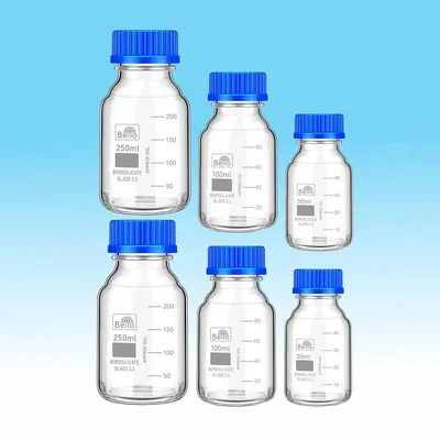 Bello Scientific Borosilicate 3.3 Glass Reagent Bottle 2pcs of (50ml, 100ml & 250ml) with leak proof Blue Screw Cap