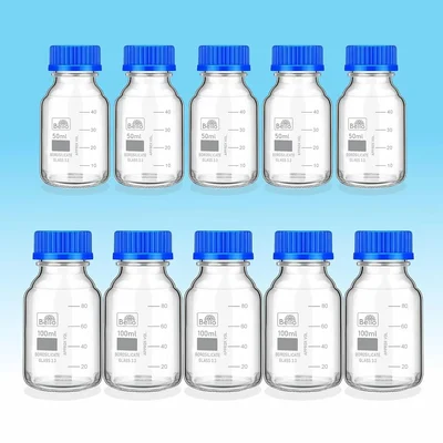 Bello Scientific Borosilicate 3.3 Glass Reagent Bottle of 50ml (5pcs) & 100ml (5pcs) with Leak Proof Blue Screw Cap