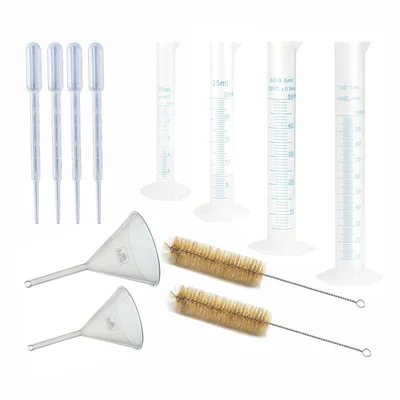 Bello Set of 12- Plastic Graduated Cylinders 10ml, 25ml, 50ml,100ml & 4pcs Pipettes, 2pcs Funnel, 2pcs Cleaning Brush