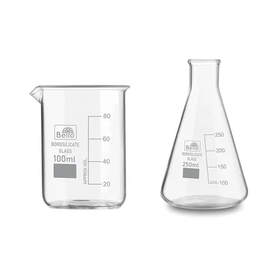 Bello Set of 2, 100 ml Beaker and 250 ml Conical Flask with Graduation Marks, Borosilicate 3.3 Glass