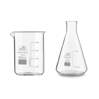 Bello Set of 2, 100 ml Beaker and 50 ml Conical Flask with Graduation Marks, Borosilicate 3.3 Glass