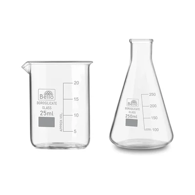 Bello Set of 2 Borosilicate 3.3 Glass 25ml Beaker and 250ml Conical Flask with Graduation Marks