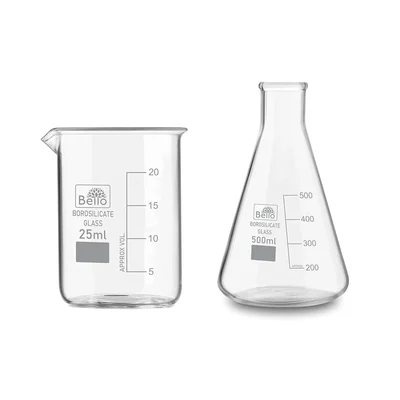 Bello Set of 2 Borosilicate 3.3 Glass 25ml Beaker and 500ml Conical Flask with Graduation Marks