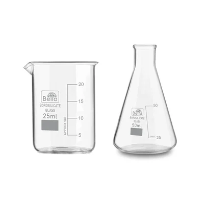 Bello Set of 2 Borosilicate 3.3 Glass 25ml Beaker and 50ml Conical Flask with Graduation Marks