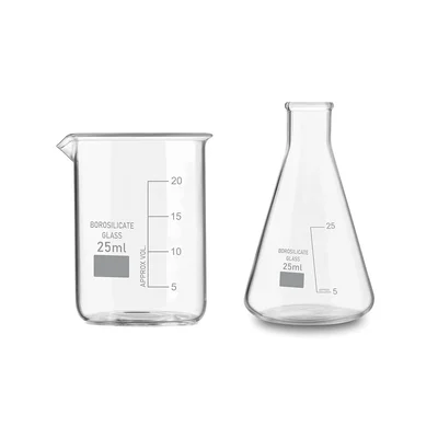 Bello Set of 2 Borosilicate 3.3 Glass Beaker and Conical Flask of 25 ml with Graduation Marks