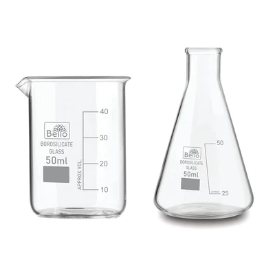 Bello Set of 2 Borosilicate 3.3 Glass Beaker and Conical Flask of 50 ml with Graduation Marks