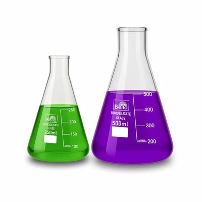 Bello Set of 2 Borosilicate 3.3 Glass Conical Flask 250ml, 500ml with Graduation Marks for Laboratory