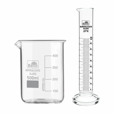 Bello Set of 2 Borosilicate 3.3 Glass Scientific Beaker 500ml & 50ml Cylinder of Round Base for Laboratory