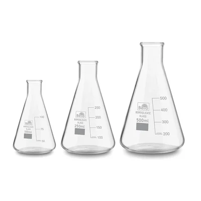 Bello Set of 3, Borosilicate 3.3 Glass Conical Flask 100ml, 250ml, 500ml with Graduation Marks for Laboratory