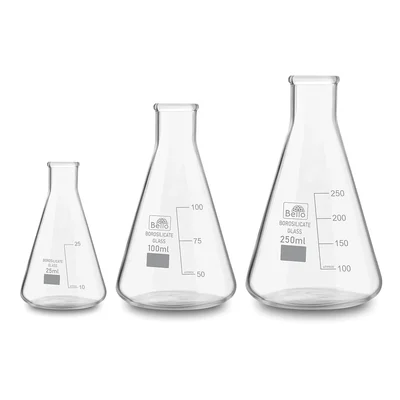 Bello Set of 3, Borosilicate 3.3 Glass Conical Flask 25ml, 100ml, 250ml with Graduation Marks for Laboratory