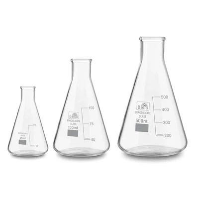 Bello Set of 3, Borosilicate 3.3 Glass Conical Flask 25ml, 100ml, 500ml with Graduation Marks for Laboratory