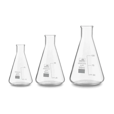 Bello Set of 3, Borosilicate 3.3 Glass Conical Flask 25ml, 50ml, 100ml with Graduation Marks for Laboratory