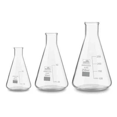 Bello Set of 3, Borosilicate 3.3 Glass Conical Flask 25ml, 50ml, 250ml with Graduation Marks for Laboratory