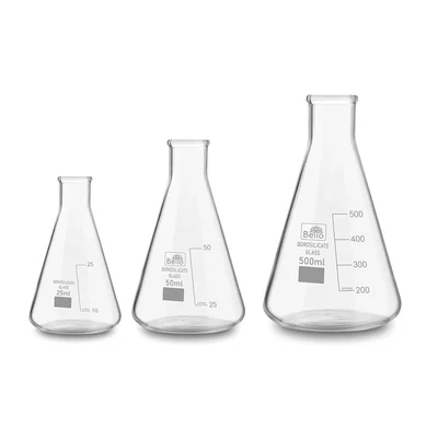 Bello Set of 3, Borosilicate 3.3 Glass Conical Flask 25ml, 50ml, 500ml with Graduation Marks for Laboratory