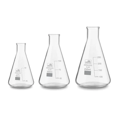 Bello Set of 3, Borosilicate 3.3 Glass Conical Flask 50ml, 100ml, 250ml with Graduation Marks for Laboratory