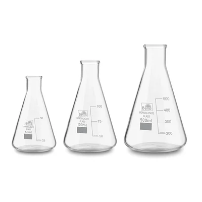 Bello Set of 3, Borosilicate 3.3 Glass Conical Flask 50ml, 100ml, 500ml with Graduation Marks for Laboratory