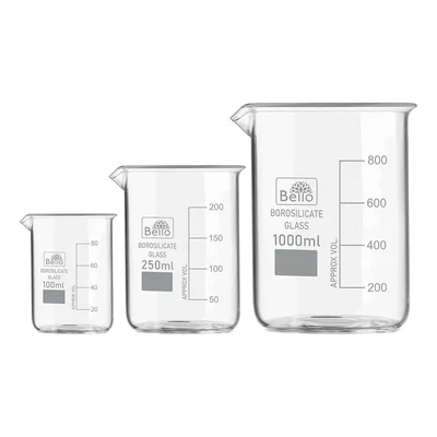Bello Set of 3 Beaker 100ml, 250ml, 1000ml with Graduation Marks, Borosilicate 3.3 Glass for Laboratory